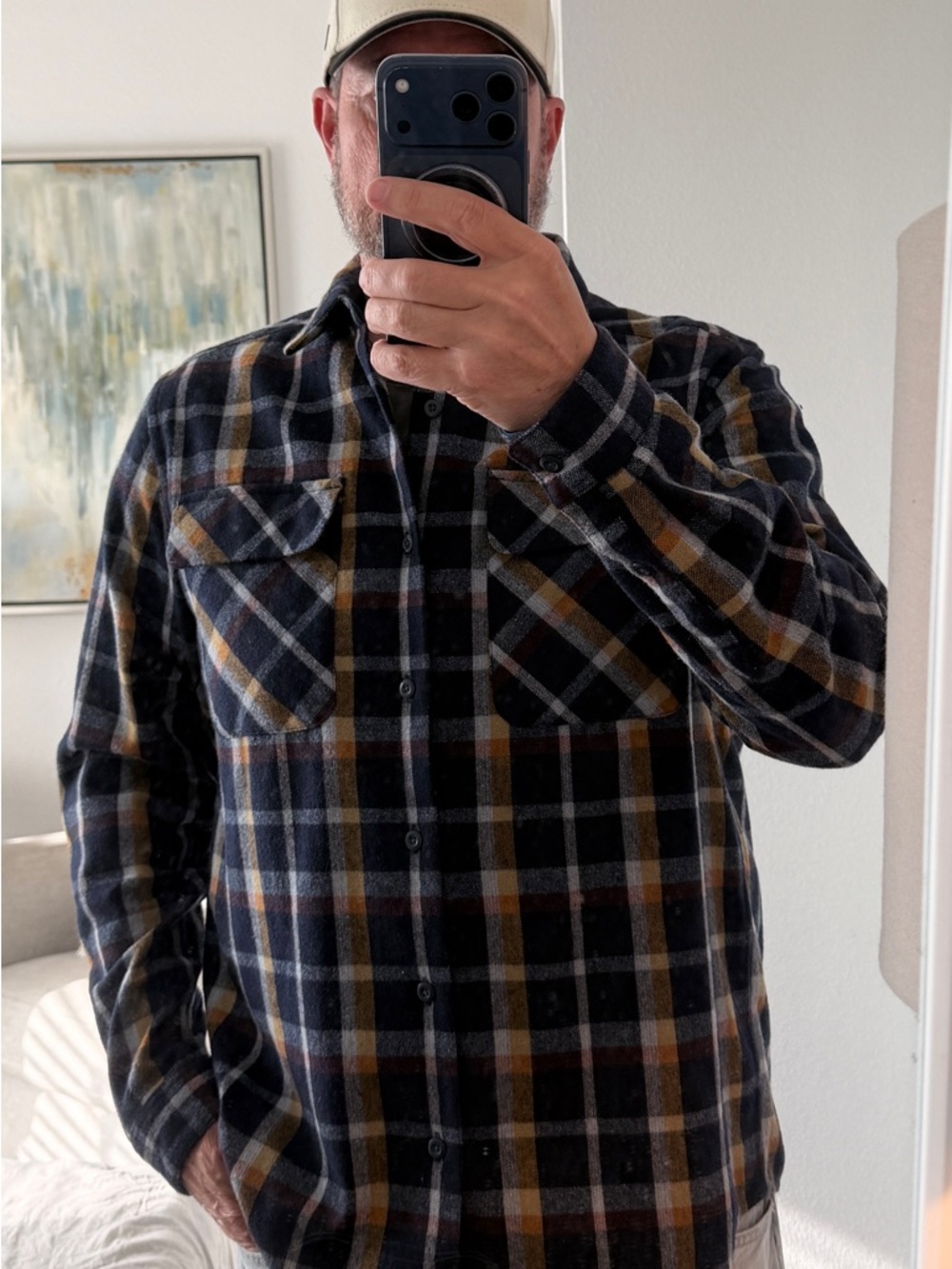 Patagonia Navy and Mustard Plaid Button-Down Shirt